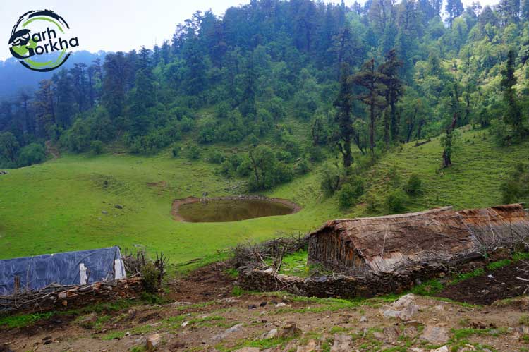 Quaint huts of the villagers at ghui is the first campsite on the dayara bugyal trek.